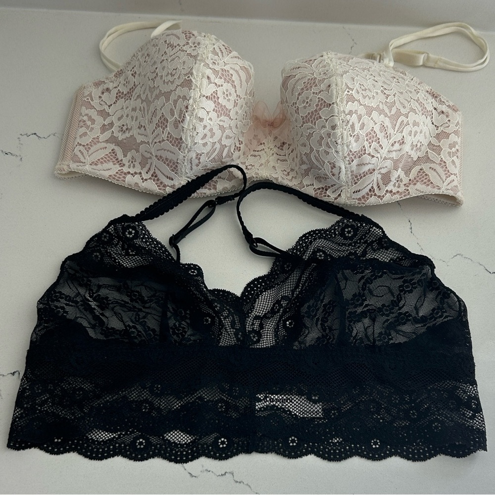 b.tempt’d Duo Lace Overlay Bra in Cream/Nude 36C and Black Lace Bralette M/L